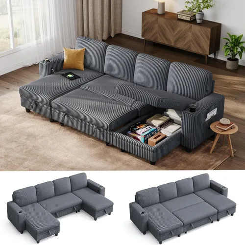Vista 17 de LINSY HOME - Sofá seccional con cama extraíble y sofá cama deslizable, sofá convertible de pana mullida tipo nube con chaise de almacenamiento