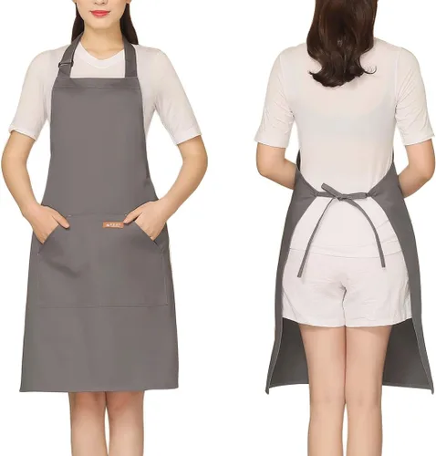 Vista 19 de NEWGEM Delantal 100% algodón con espalda cruzada para mujer con 2 bolsillos, correas de botón ajustables, sin dolor de cuello, delantal de chef