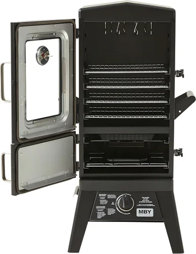 Vista 10 de Parrilla vertical grande para ahumar propano con 4 estantes para barbacoa de gas al aire libre con control de temperatura, diseño resistente