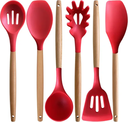 Vista 10 de Juego de 4 utensilios de cocina de silicona, juego de utensilios de cocina grandes antiadherentes con mango de madera, grado alimenticio, resistente