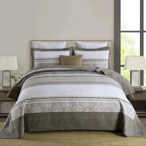 Vista 11 de Finlonte - Juego de cama de 3 piezas con edredón/cubrecama acolchado tamaño queen, 100% algodón, 260x305 cm, a cuadros florales de granja