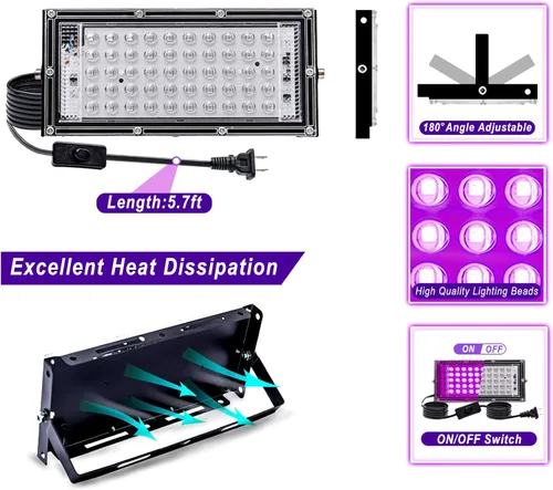 Vista 2 de Paquete de 2 luces negras de 50 W, luz negra LED con enchufe e interruptor de EE. UU., luces negras para fiestas brillantes y de neón, Halloween