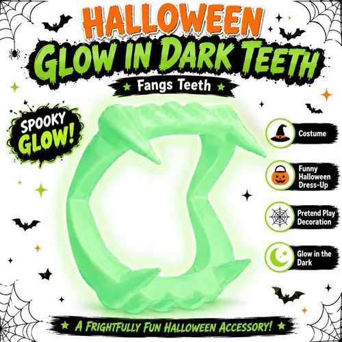 Vista 3 de 12 piezas de dientes de Halloween que brillan en la oscuridad colmillos, disfrazarse, juego de simulación