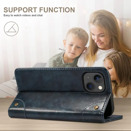 Vista 4 de SINIANL Funda compatible con iPhone 15, funda de piel azul con soporte magnético, soporte para tarjetas de crédito, funda tipo cartera