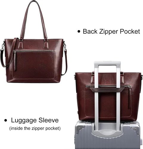 Vista 6 de S-ZONE Bolso de mano de cuero genuino para mujer, maletín vintage, bolso de trabajo, bolso grande de 15.6 pulgadas, L
