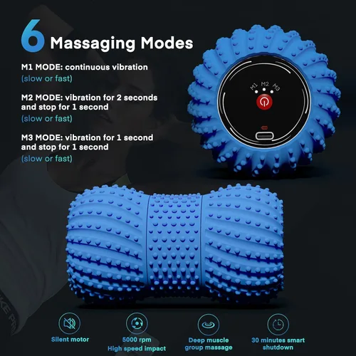 Vista 4 de Pelota de masaje de maní vibratoria 2 en 1 con 6 modos de masaje, bola de rodillo de masaje vibratoria recargable para recuperación muscular, azul