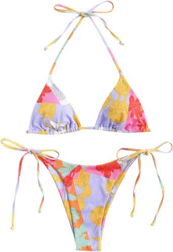 Vista 27 de ZAFUL Bikinis triangulares estampados para mujer, 2 piezas, bikini halter, traje de baño de corte alto, traje de baño con lazo lateral 0-negro a