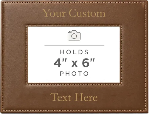 Vista 58 de Marco de fotos de piel sintética de cuero sintético grabado para añadir tu texto personalizado para colgar o en la mesa, marco de fotos familiares