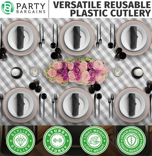 Vista 5 de Party Bargains Juego de cubiertos de plástico desechables, 40 unidades, diseño novedoso, negro, 16 tenedores, 8 cuchillos, 16 cucharas, utensilios
