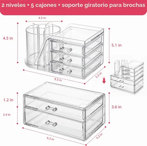 Vista 2 de ShineMe Organizador de maquillaje acrílico, organizador de cosméticos apilable de 2 niveles para tocador con soporte giratorio de 360° para brochas