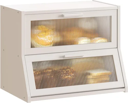 Vista 10 de GHWIE Panera de bambú de doble capa para encimera de cocina, contenedor de almacenamiento de pan de gran capacidad, recipiente para pan con panel