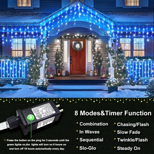 Vista 7 de Luces de Navidad de carámbano para exteriores, 66 pies, 640 luces LED de Navidad azules y blancas, 8 modos con 120 gotas, luz de carámbano