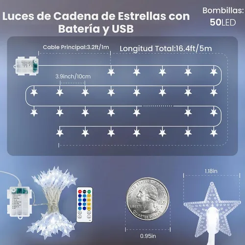 Vista 7 de HEYFUNi Guirnalda de luces de estrella USB y funciona con pilas, 16 pies, 50 luces LED con control remoto, 8 modos, 4 brillo y velocidad, luces