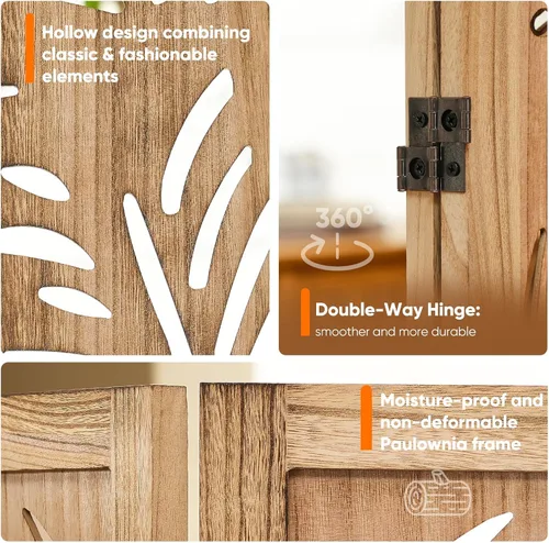 Vista 3 de JOSTYLE Divisor de habitación bohemio con tallado de plumas, pantalla de madera calada de 4 paneles, división plegable decorativa para dormitorio