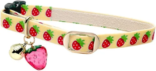 Vista 3 de Lindo collar de gato con campana y dije de fresa. 100% algodón. Seguridad suave para niña, niño, macho, hembra, gatito Negro