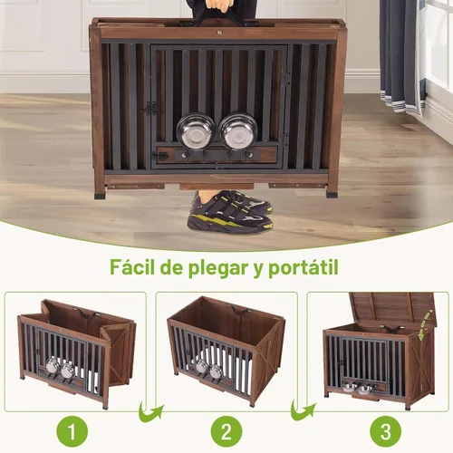 Vista 2 de GUTINNEEN Muebles de Jaula para Perros Plegables Perrera para Perros Pequeños Medianos Grandes Casa de Madera Maciza para Perros con Cuenco Jaula