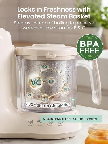 Vista 3 de Grownsy Fabricante de alimentos para bebés con cesta de vapor de acero Crema
