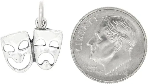 Vista 2 de Abalorio de máscara de tragedia y comedia de teatro dramático oxidado de plata esterlina, Plata esterlina