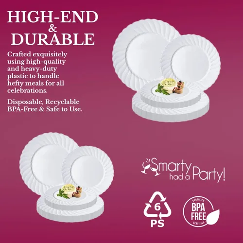 Vista 3 de Smarty Had A Party Elegante juego de vajilla desechable de plástico resistente, platos de plástico acampanados, juego combinado para bodas