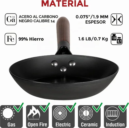 Vista 4 de YOSUKATA Sartén de acero al carbono de 7.9 pulgadas, sartén pre-sazonada no tóxica con mango de madera extraíble, sartén estilo wok sin