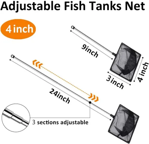 Vista 2 de Red para peces de pecera, red de acuario de malla fina con mango largo de acero inoxidable de 9-24 pulgadas, red extensible para tanque de peces