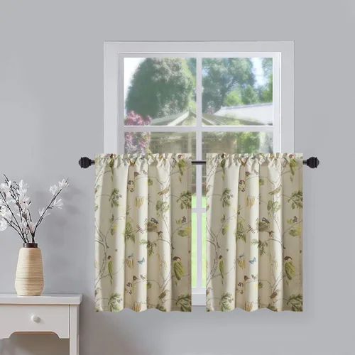 Vista 32 de Leeva Cortinas rústicas de cocina con estampado floral verde mezclado de lino para media ventana, para comedor, bolsillo para barra, cafetería