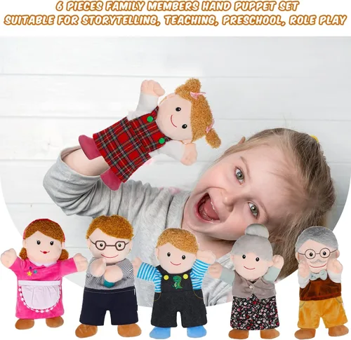 Vista 6 de Civaner Juego de marionetas de mano de 6 piezas de 11.8 pulgadas para miembros de la familia, marionetas de teatro, madre, padre, hijo, hija