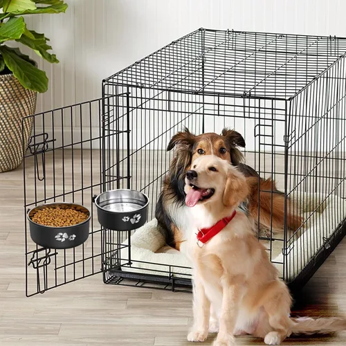 Vista 3 de Cuenco de agua para perrera, caja de acero inoxidable para perros, tazón de agua sin derrames, paquete de 2 cuencos colgantes para jaula de perrera
