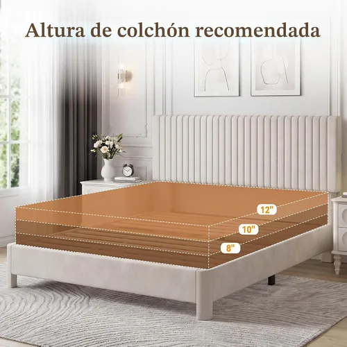 Vista 6 de Vipbear Base de cama tamaño Queen con heaboard, marco de cama tapizado de terciopelo de lujo con soporte de listones de madera, bajo y resistente