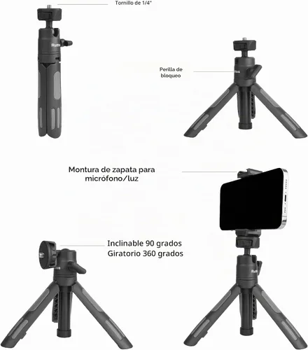 Vista 4 de Ruittos Soporte de trípode para teléfono y palo para selfie para iPhone, cámara web, escritorio, Sony, cámara Canon G7x, Go Pro, trípode de viaje