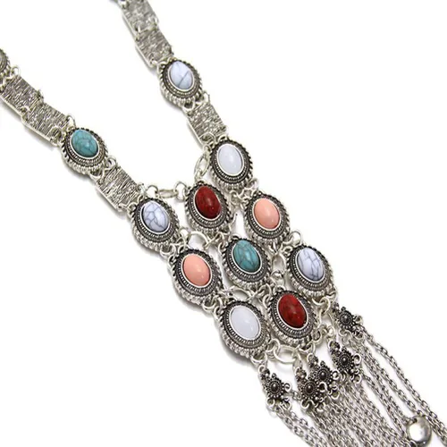 Vista 3 de BOLERPE Collar tribal étnico bohemio largo turquesa para mujer Vintage Retro Rhinestone (Plata), Plástico Metal Estrás, No es una piedra preciosa