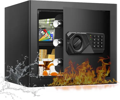 Vista 11 de Caja fuerte pequeña de 1.2 pies cúbicos ignífuga e impermeable para uso doméstico, caja de seguridad digital para el hogar con teclado programable