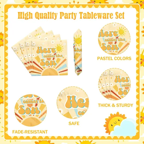 Vista 3 de Hombae Here Comes the Son - Juego de vajilla de decoración para baby shower con platos, servilletas, tenedores, suministros de fiesta de baby