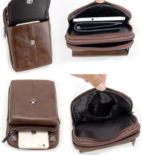 Vista 3 de Riñonera de piel de vaca de capa superior para hombre, riñonera lateral, bolsa para teléfono inteligente, modelo 8-marrón