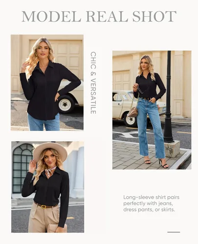 Vista 6 de siliteelon Womens Button Down Shirt Stretch Dress Shirt Collared Long Sleeve Hidden-Button Work Shirt Wrinkle-Free Blouse