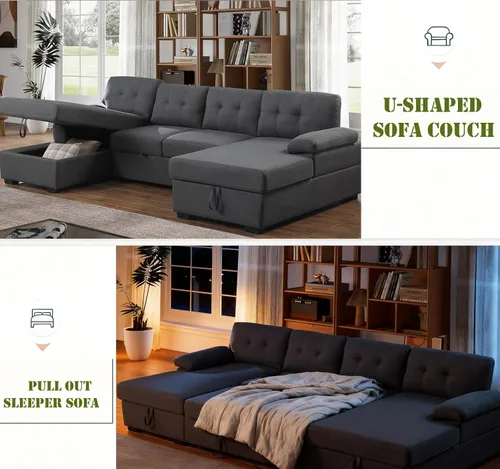Vista 3 de asunflower Sofá cama modular con diván doble de almacenamiento de 120 pulgadas, sofá cama extraíble de gran tamaño para sala de estar, apartamento