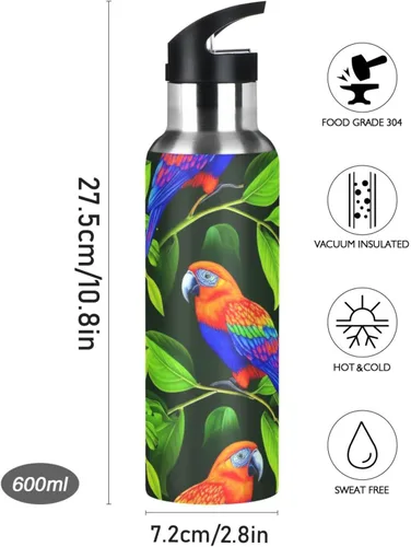 Vista 9 de Insulated Stainless Steel Water Bottle with Straw 20 Oz, BPA-Free Sports Water Bottle with Straw for Gym Outdoor Travel School, Vibrant Birds Green