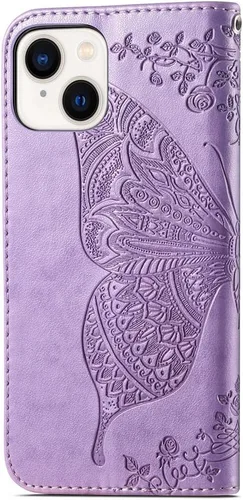 Vista 3 de HZD - Funda tipo cartera para iPhone 15, diseño de mariposa 3D, piel sintética, con función atril, cierre magnético y ranuras para tarjetas