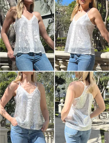 Vista 2 de Beyove Camiseta de lentejuelas sin mangas con cuello en V y tirantes delgados, parte superior de espalda cruzada brillante para fiesta