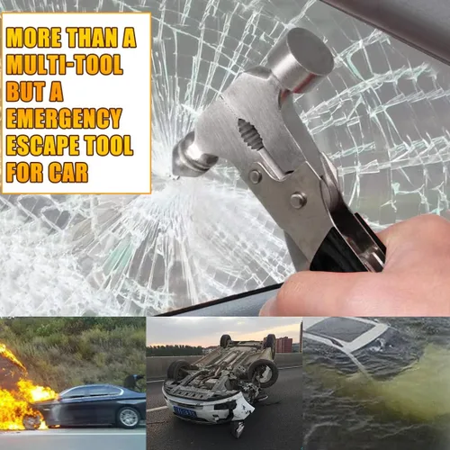 Vista 4 de Martillo de seguridad para automóvil, martillo de acero inoxidable 12 en 1, multiherramienta – escape de emergencia, kit de herramientas
