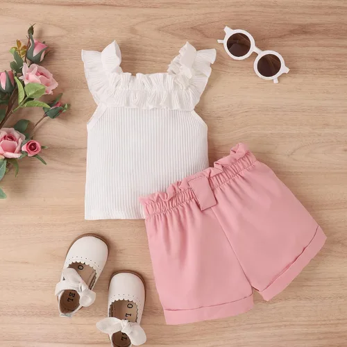 Vista 86 de TheFound Trajes de verano para niñas pequeñas, sin mangas, de punto acanalado, halter, pantalones cortos, ropa para recién nacidos, conjunto de 3