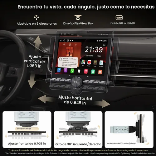 Vista 2 de Estéreo para automóvil Single/Doble DIN - Pantalla táctil flotante QLED de 10.1 pulgadas con botón, inalámbrico CarPlay/Android Auto