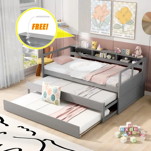 Vista 4 de DEINPPA Sofá cama individual XL de triple capa con cubos de almacenamiento y luz de lectura, cama nido de madera con dos nidos adicionales