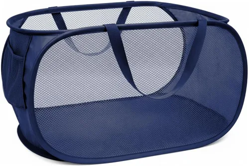 Vista 11 de Cesta de Ropa Emergente, Cestas Horizontales Plegables con Asas y Bolsillo Lateral, Malla Resistente Plegable para Cuarto de Lavado, Baño