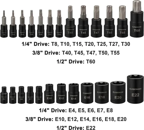 Vista 3 de CASOMAN Juego de 25 piezas de dados Torx y enchufes externos, 13 puntas de enchufe estrella (T8- T60) y 12 enchufes E-Torx hembra (E4-E22)
