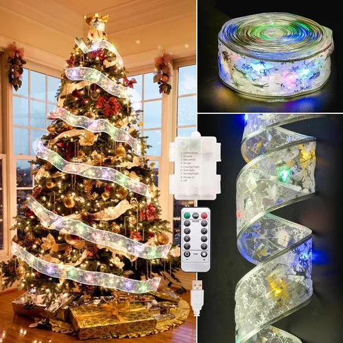 Vista 11 de Vimorg - Decoraciones de Navidad, 6.35 cm x 33 pies, 100 luces LED en forma de cinta para árbol de Navidad con control remoto, luces de hadas de 8