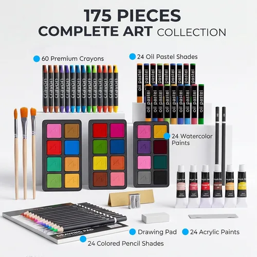 Vista 2 de Juego de arte de lujo de 175 piezas en madera, kit de dibujo y pintura con 2 blocs de dibujo, pinturas acrílicas, lápices de colores, lápices
