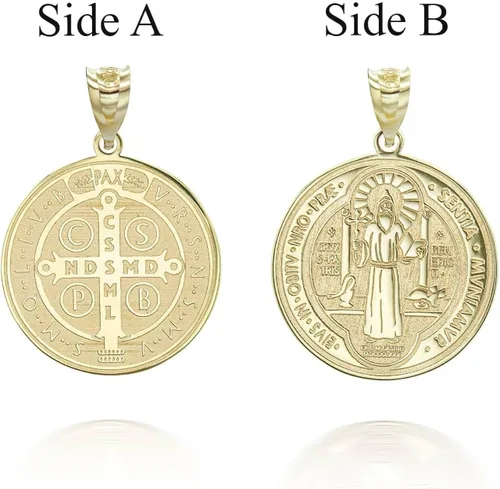 Vista 2 de Medalla De San Benito - Collar con colgante de moneda de oro amarillo de 14 quilates con cadena Rolo y colgante solo