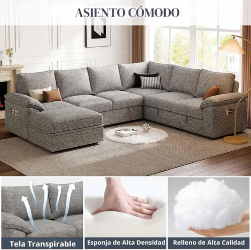 Vista 5 de Sofá modular de 108 pulgadas con cama extraíble, sofá modular en forma de U de 7 asientos con almacenamiento, sofás seccionales para sala de estar