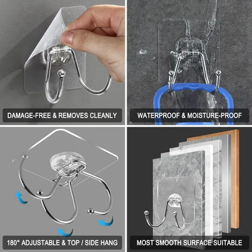 Vista 3 de Paquete de 15 ganchos grandes de pared adhesivos dobles, sin daños, impermeables, de 33 libras máximo, resistentes, para colgar, transparentes, sin
